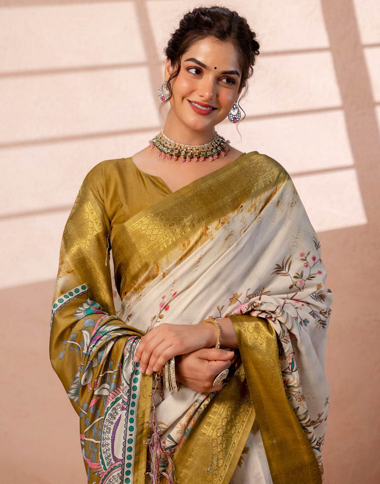 Beige Silk Kalamkari Printed Woven Border Saree