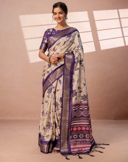 Dark Beige Silk Printed Woven Border Saree