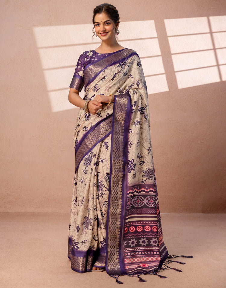 Dark Beige Silk Printed Woven Border Saree