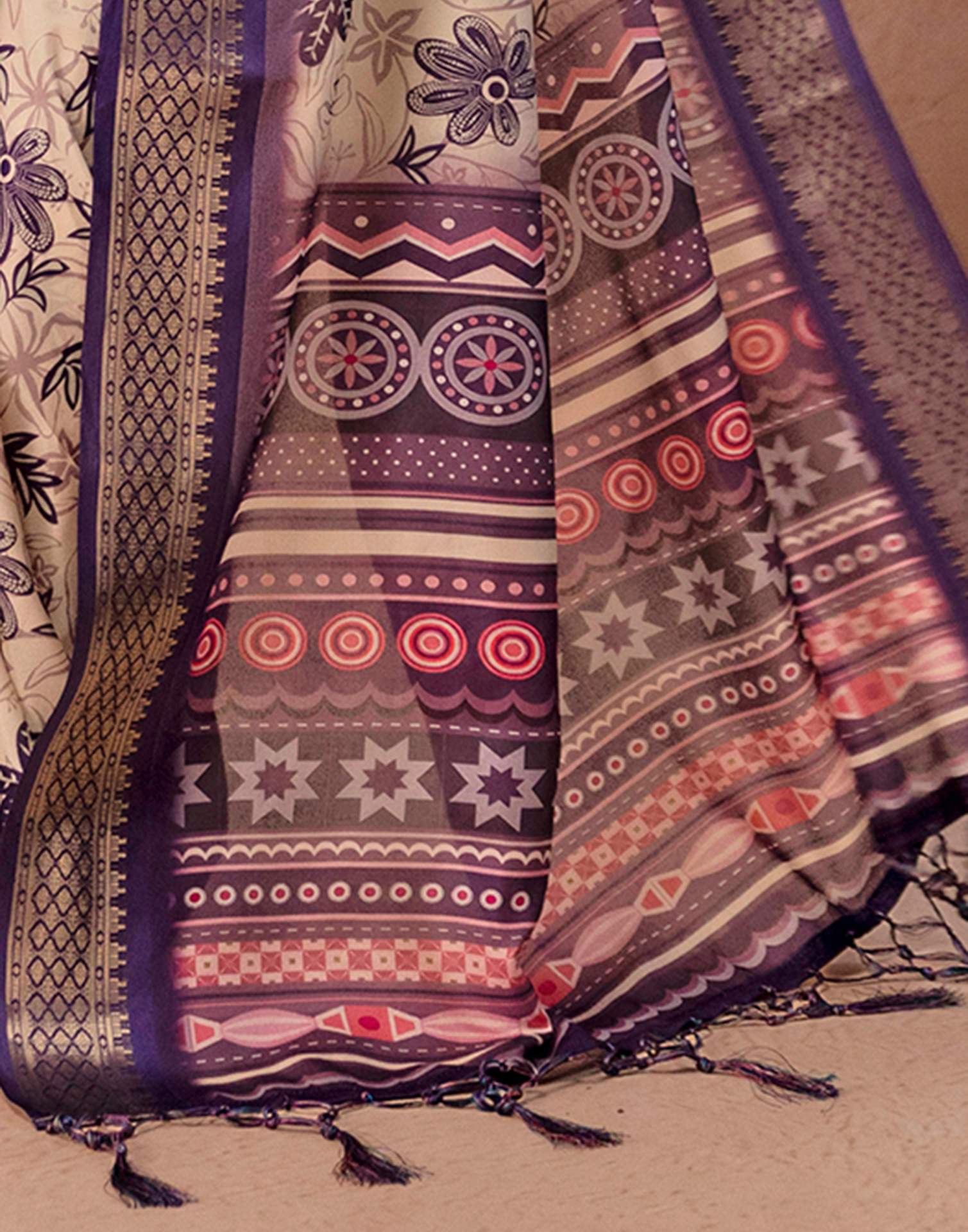 Dark Beige Silk Printed Woven Border Saree