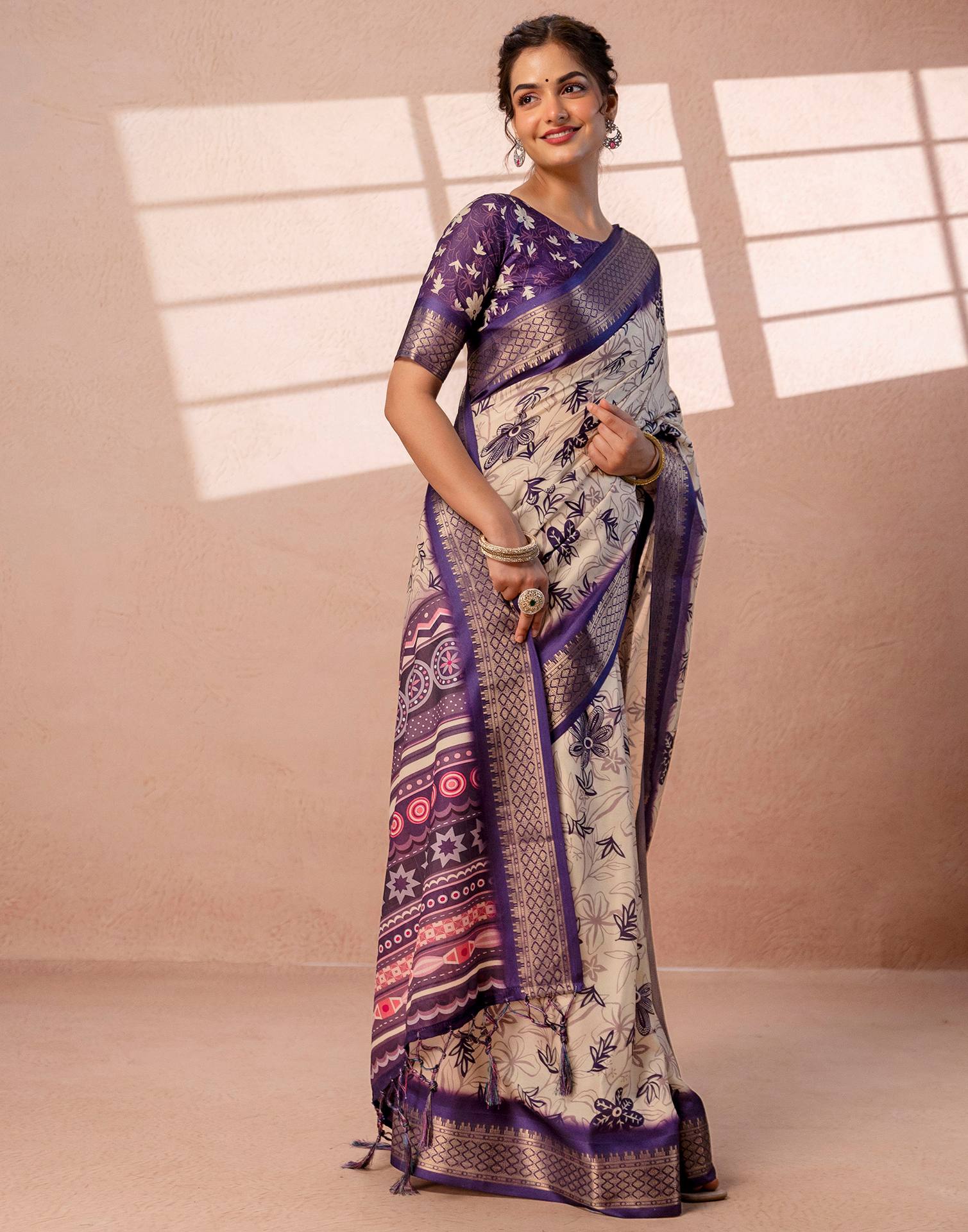 Dark Beige Silk Printed Woven Border Saree