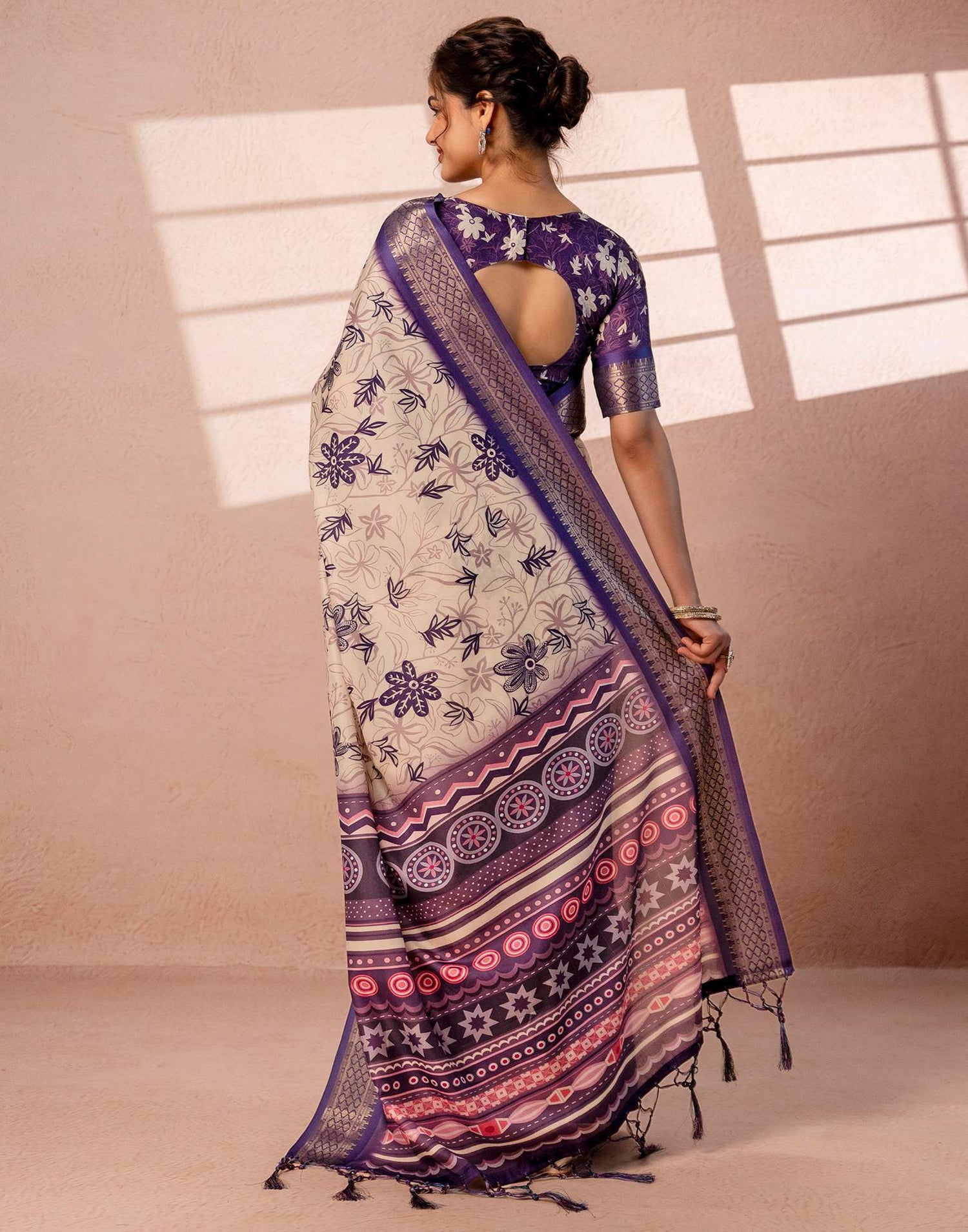 Dark Beige Silk Printed Woven Border Saree