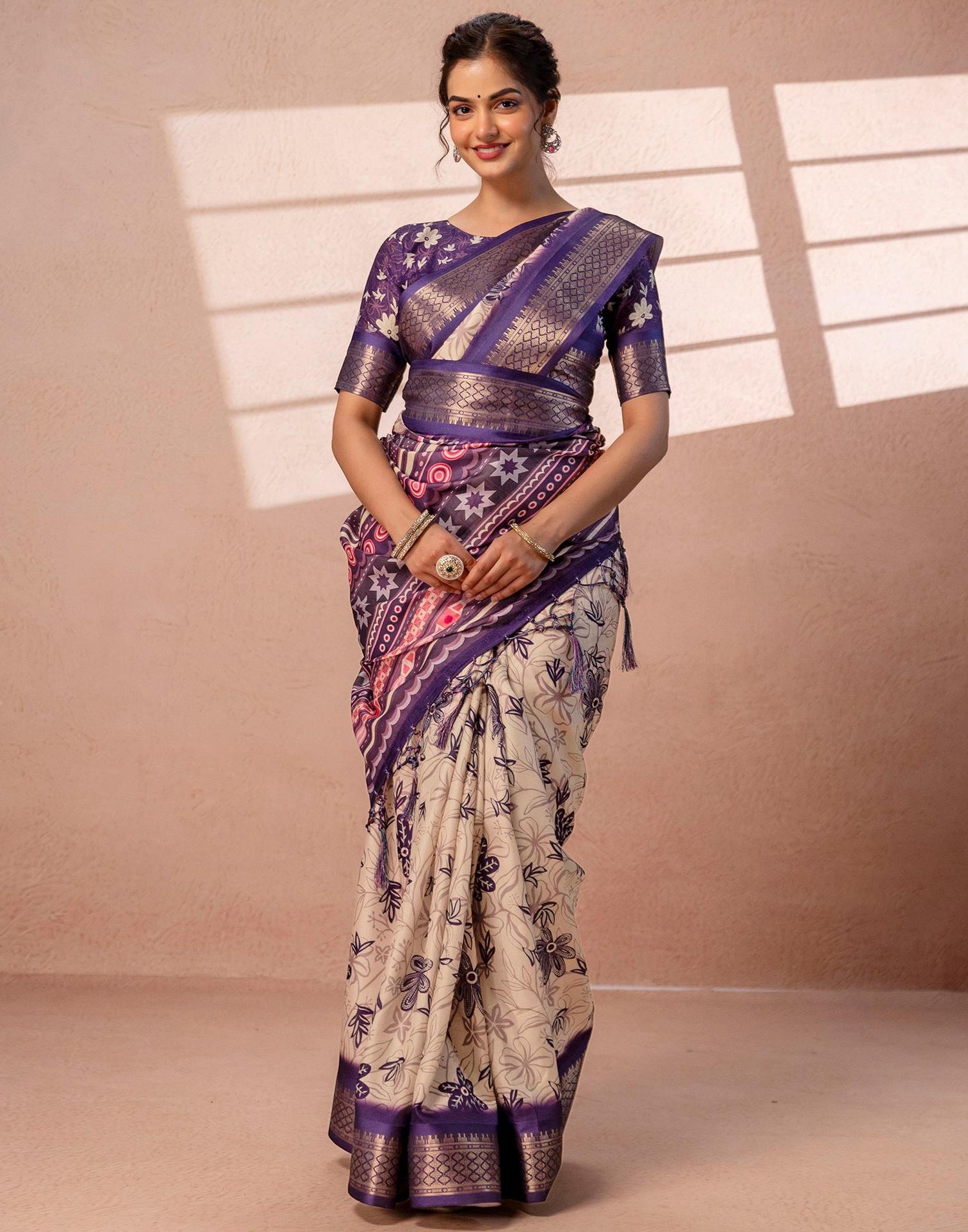 Dark Beige Silk Printed Woven Border Saree