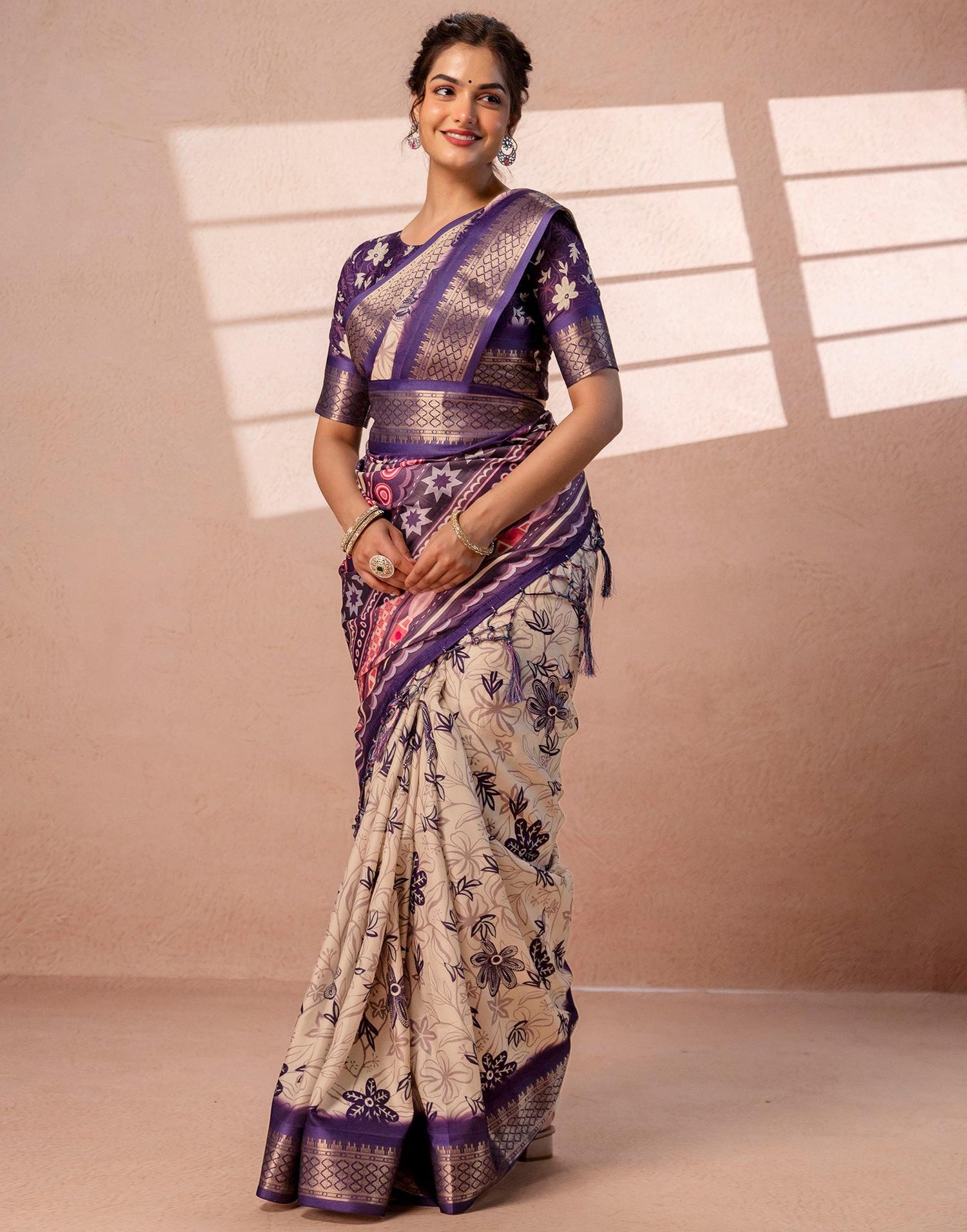 Dark Beige Silk Printed Woven Border Saree