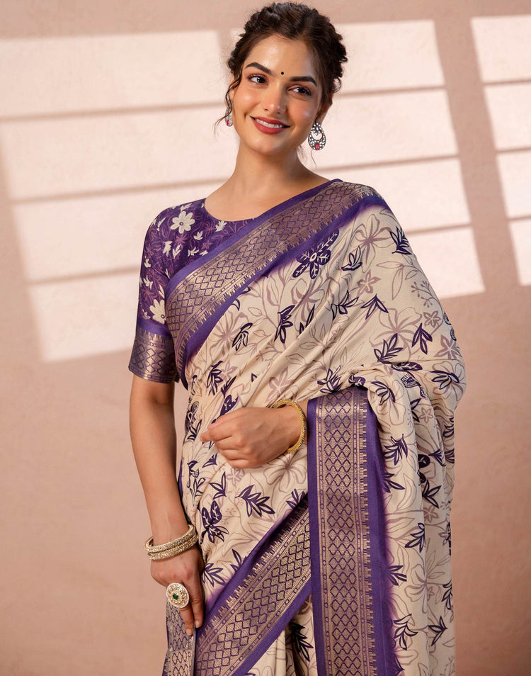 Dark Beige Silk Printed Woven Border Saree