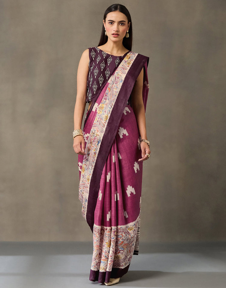 Dark Mauve Cotton Printed Kalamkari Saree