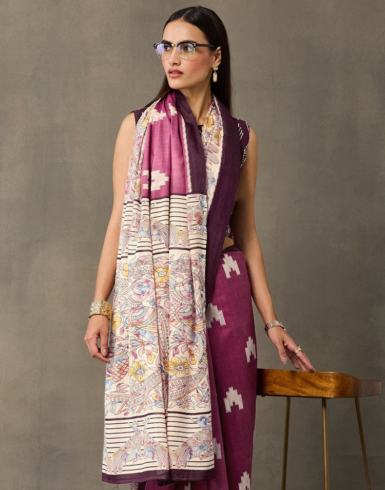 Dark Mauve Cotton Printed Kalamkari Saree