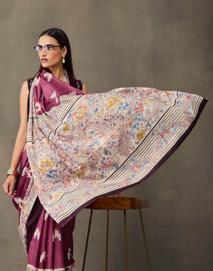 Dark Mauve Cotton Printed Kalamkari Saree