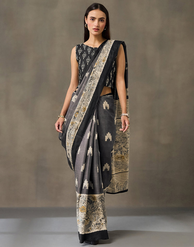 Dark Grey Cotton Printed Kalamkari Saree