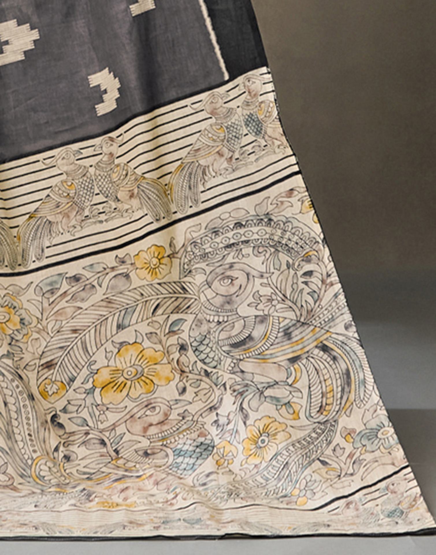 Dark Grey Cotton Printed Kalamkari Saree