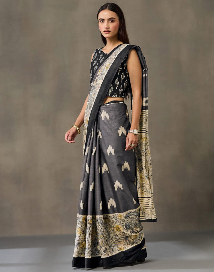 Dark Grey Cotton Printed Kalamkari Saree