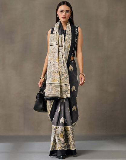 Dark Grey Cotton Printed Kalamkari Saree
