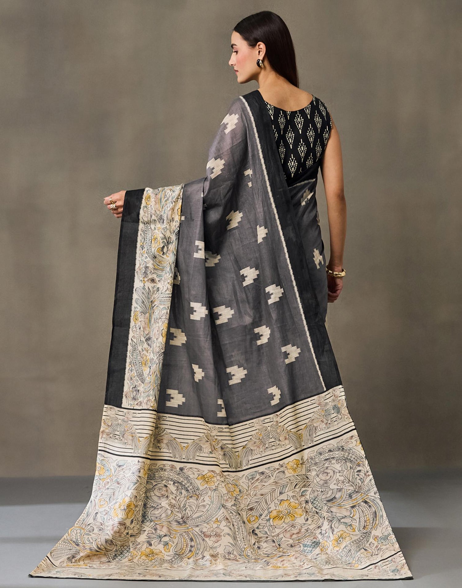 Dark Grey Cotton Printed Kalamkari Saree