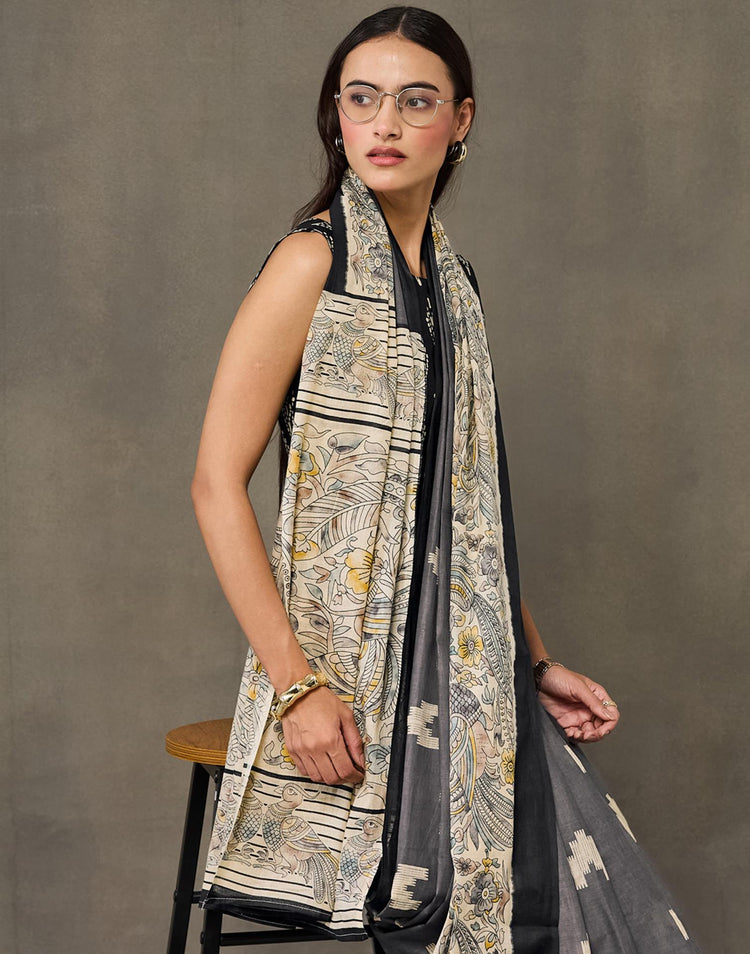 Dark Grey Cotton Printed Kalamkari Saree