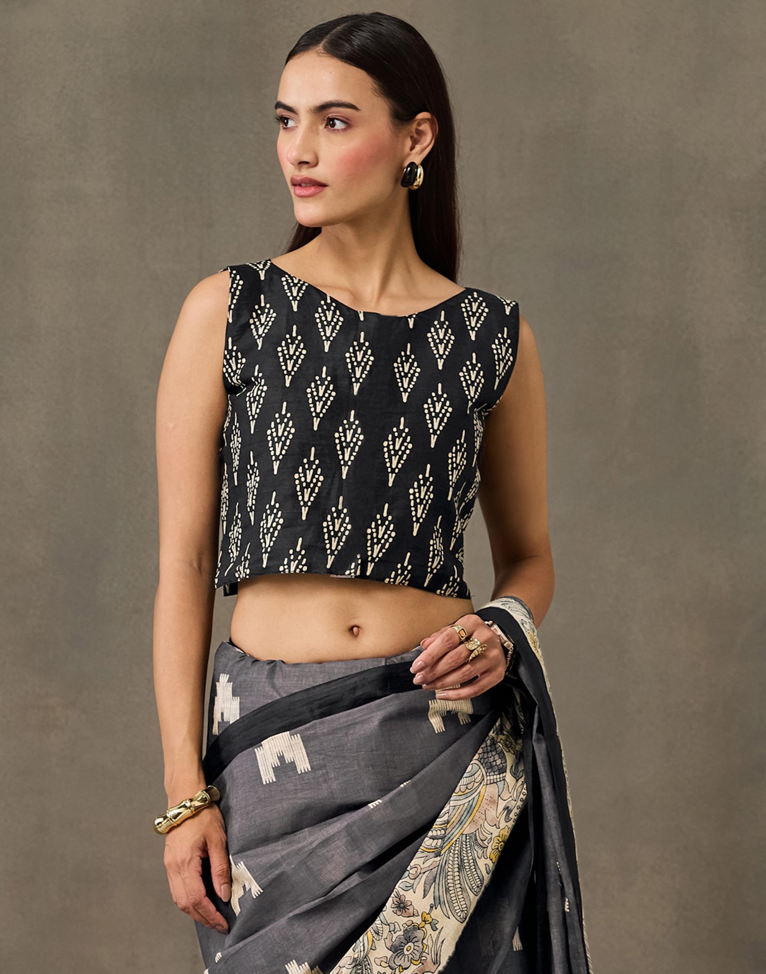 Dark Grey Cotton Printed Kalamkari Saree
