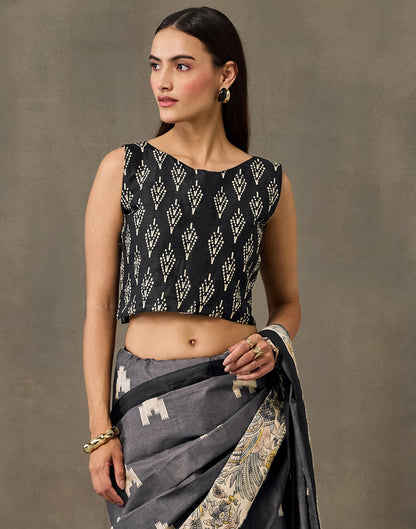 Dark Grey Cotton Printed Kalamkari Saree