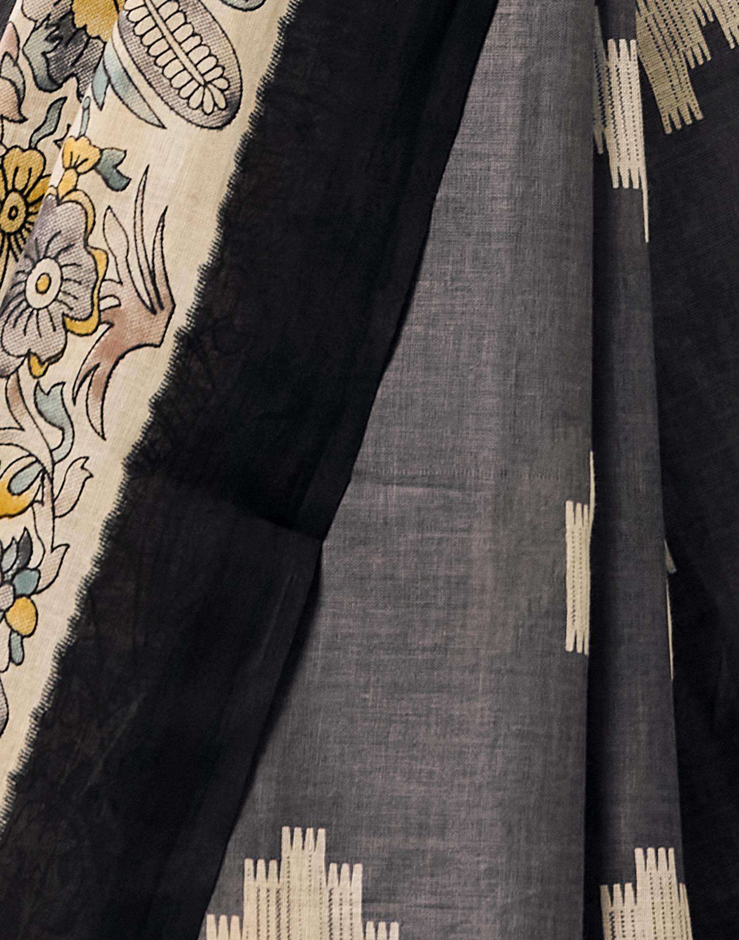 Dark Grey Cotton Printed Kalamkari Saree