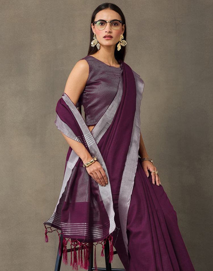 Purple Cotton Woven Saree
