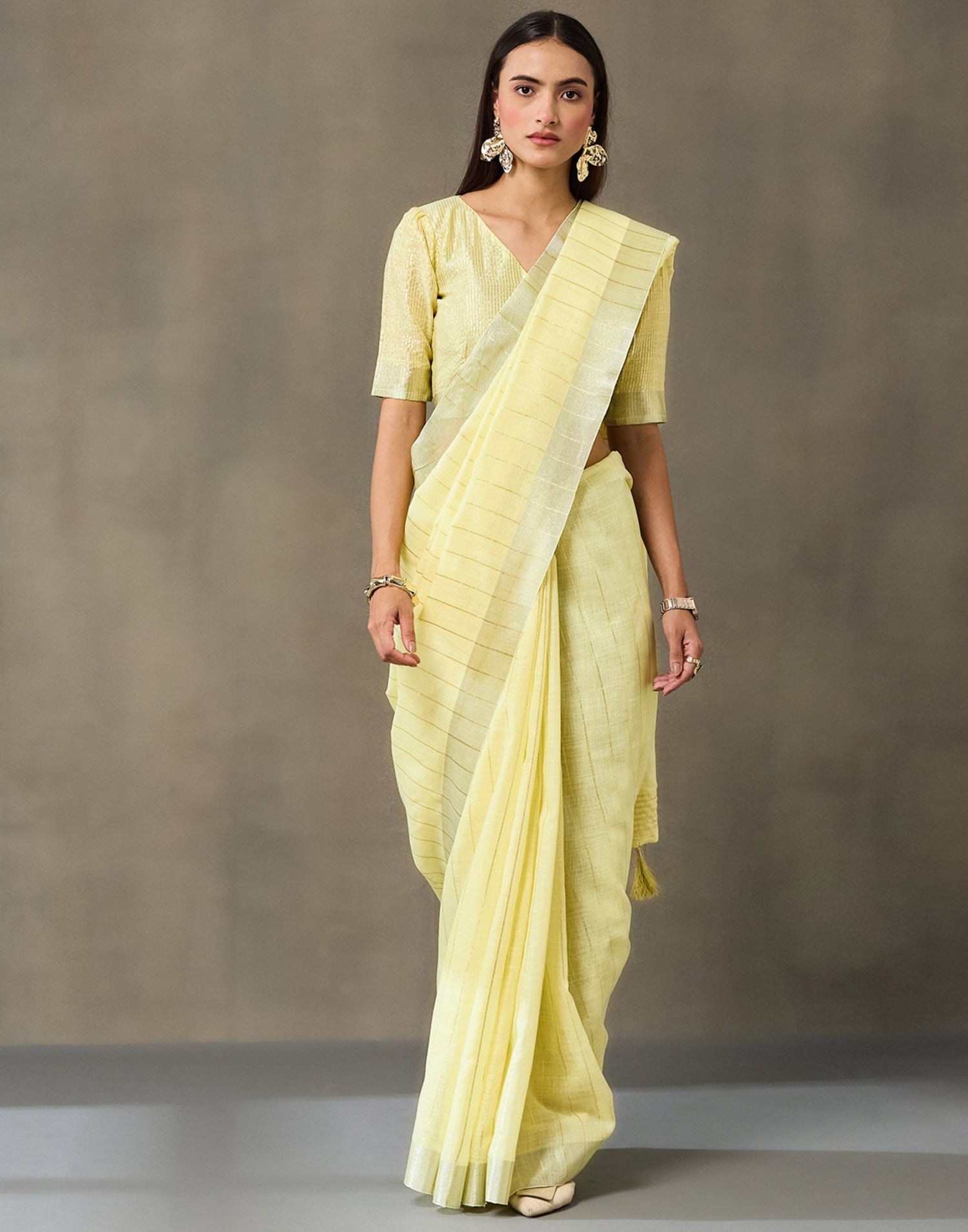 Light Yellow Linen Woven Zari Stripe Saree