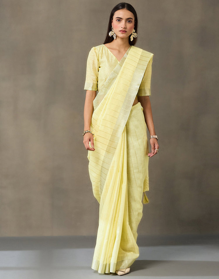 Light Yellow Linen Woven Zari Stripe Saree