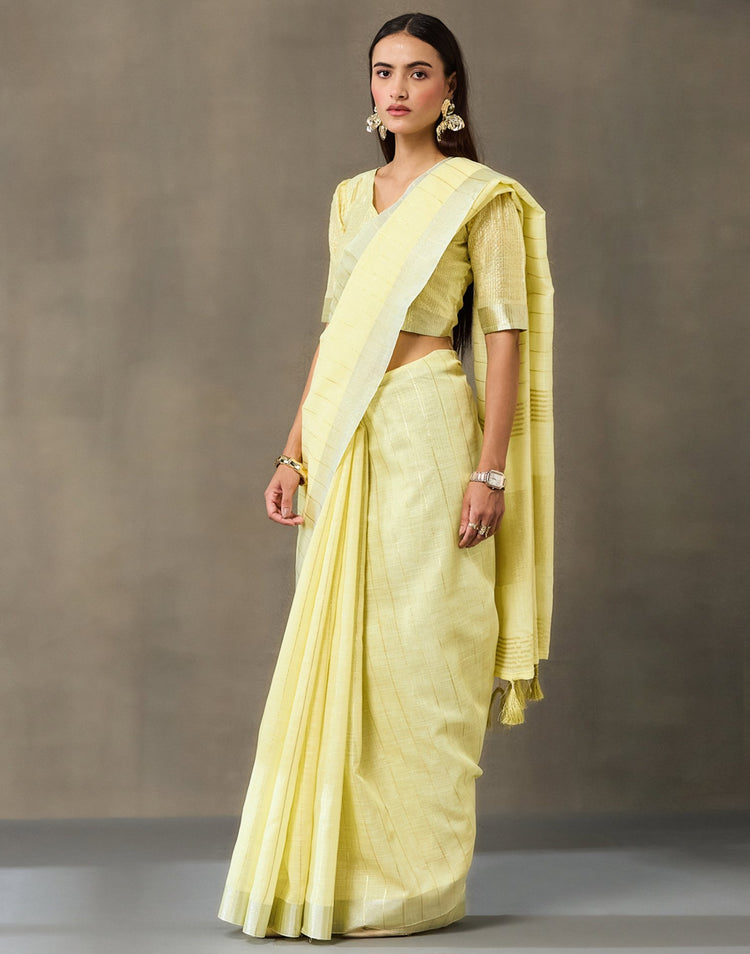 Light Yellow Linen Woven Zari Stripe Saree