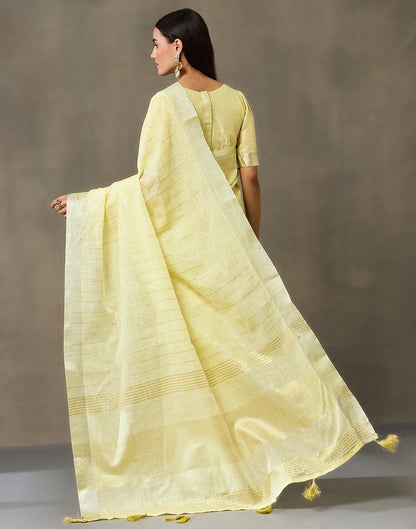 Light Yellow Linen Woven Zari Stripe Saree
