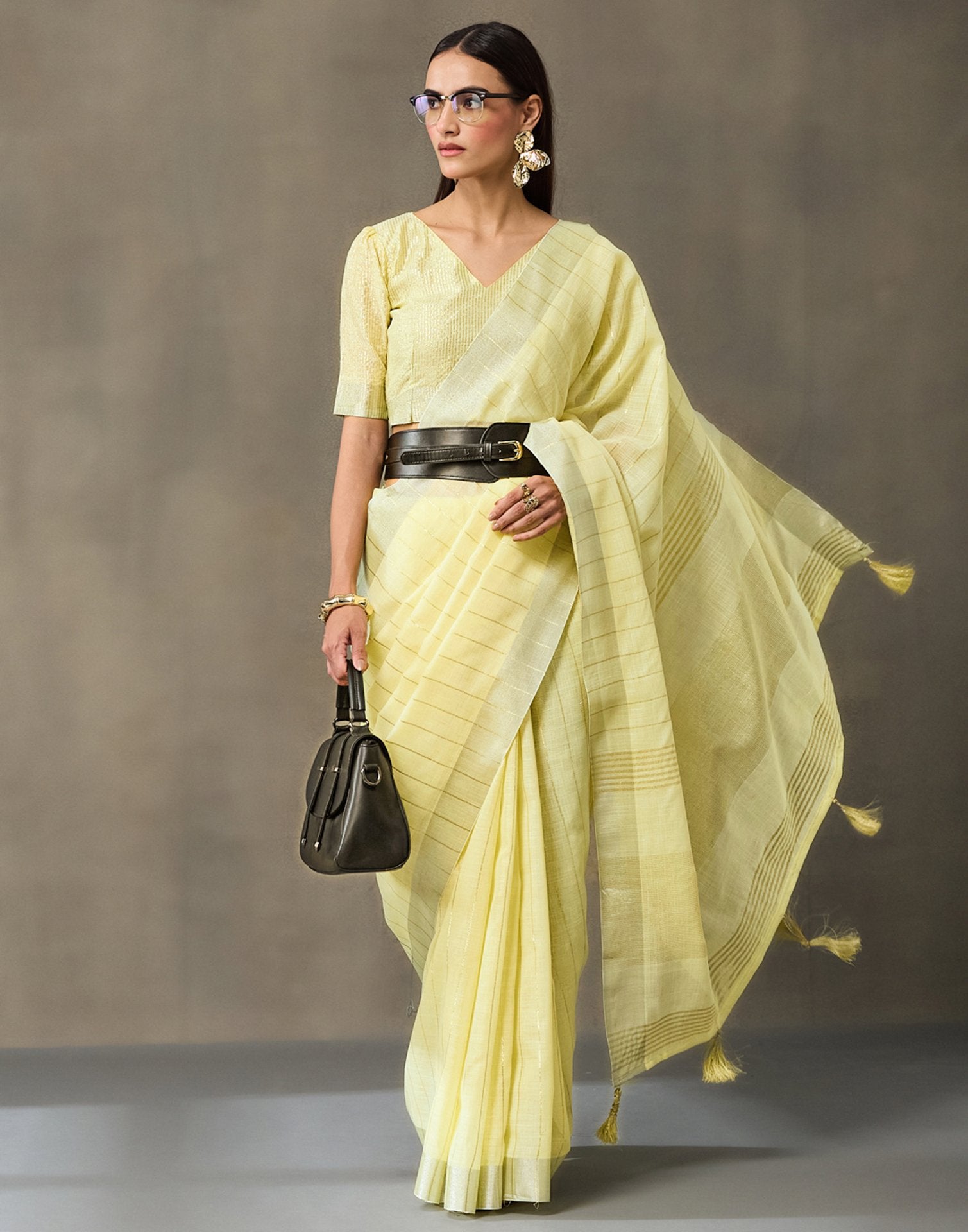 Light Yellow Linen Woven Zari Stripe Saree