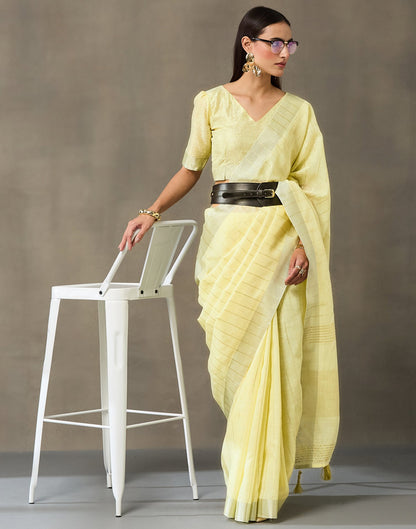 Light Yellow Linen Woven Zari Stripe Saree