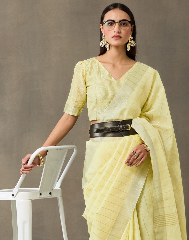 Light Yellow Linen Woven Zari Stripe Saree