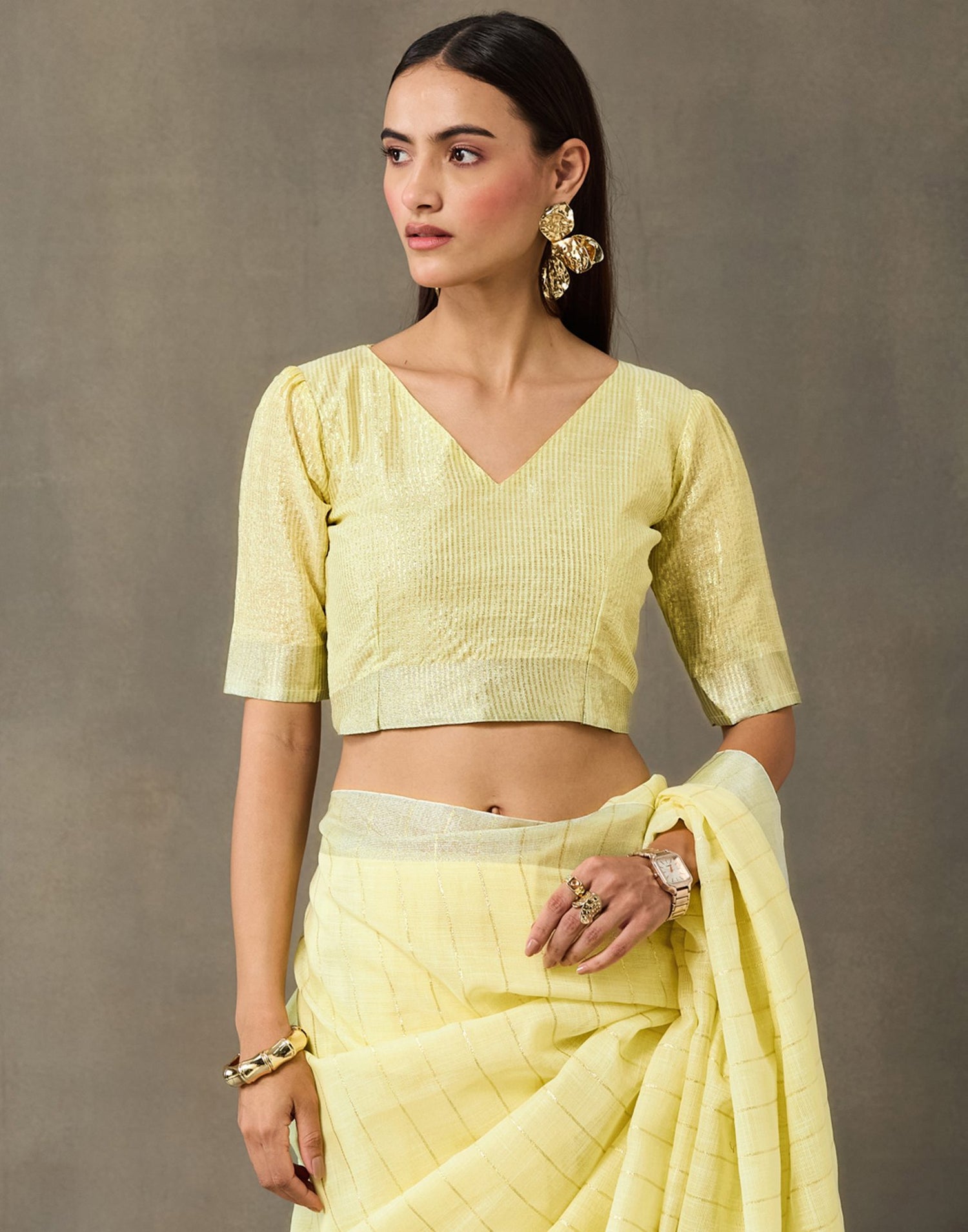 Light Yellow Linen Woven Zari Stripe Saree