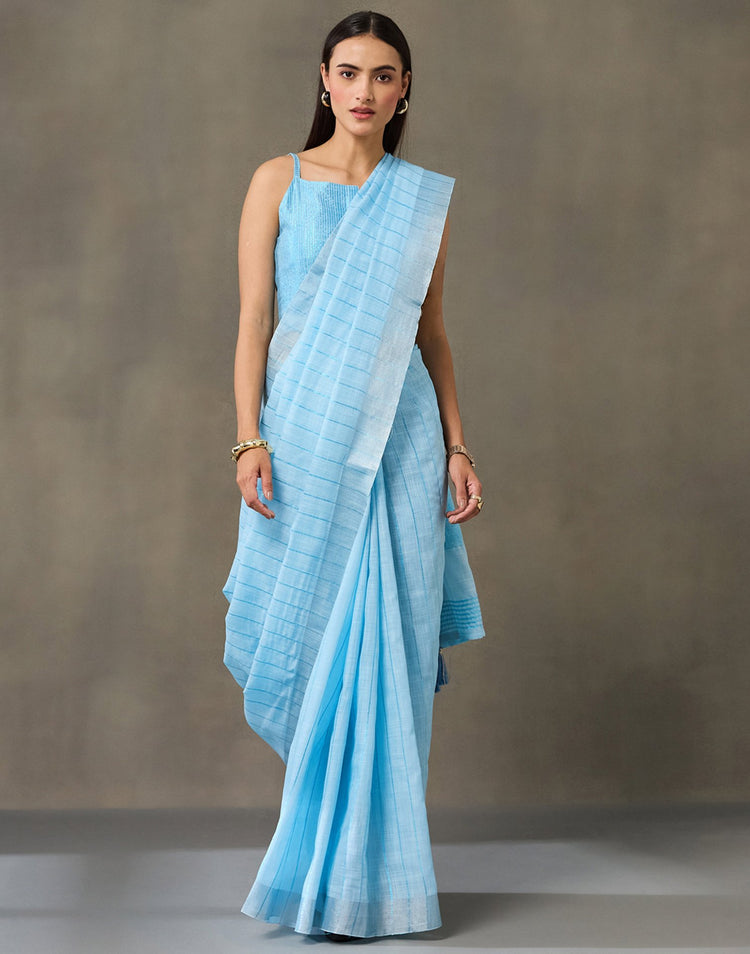 Light Blue Linen Woven Zari Stripe Saree