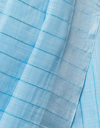 Light Blue Linen Woven Zari Stripe Saree