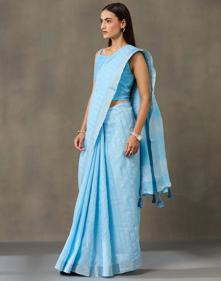 Light Blue Linen Woven Zari Stripe Saree