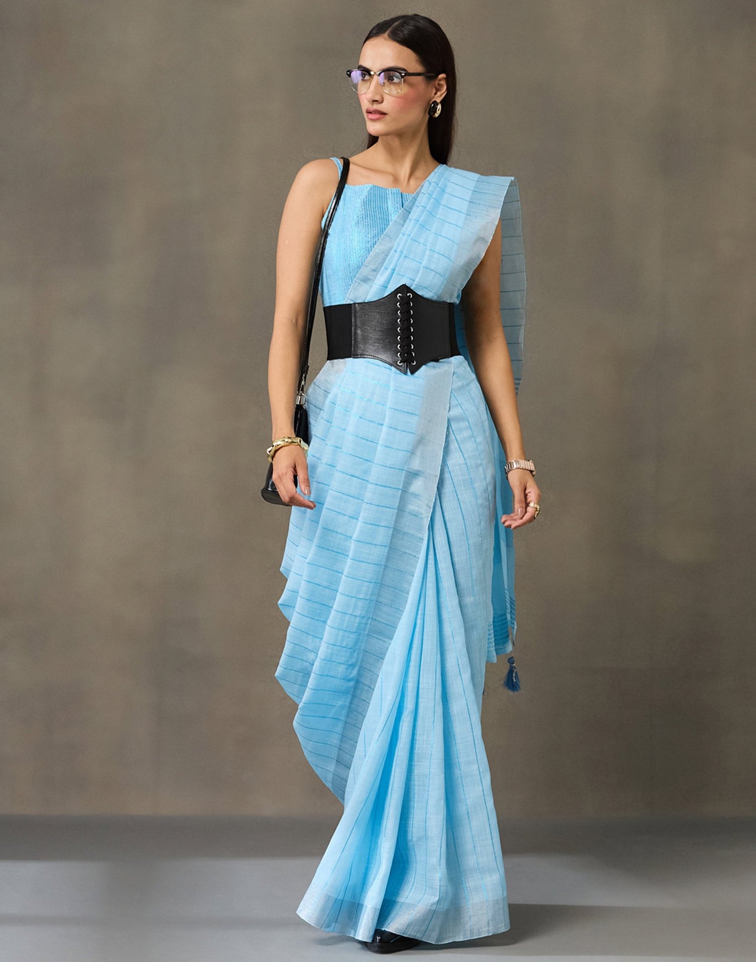 Light Blue Linen Woven Zari Stripe Saree