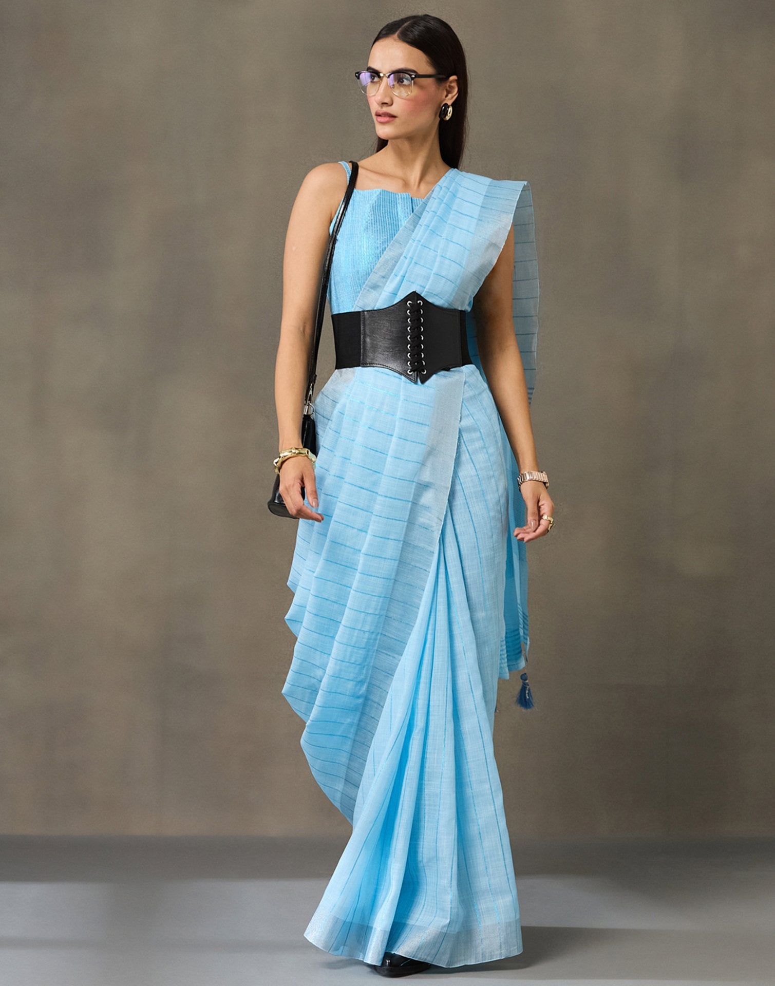 Light Blue Linen Woven Zari Stripe Saree