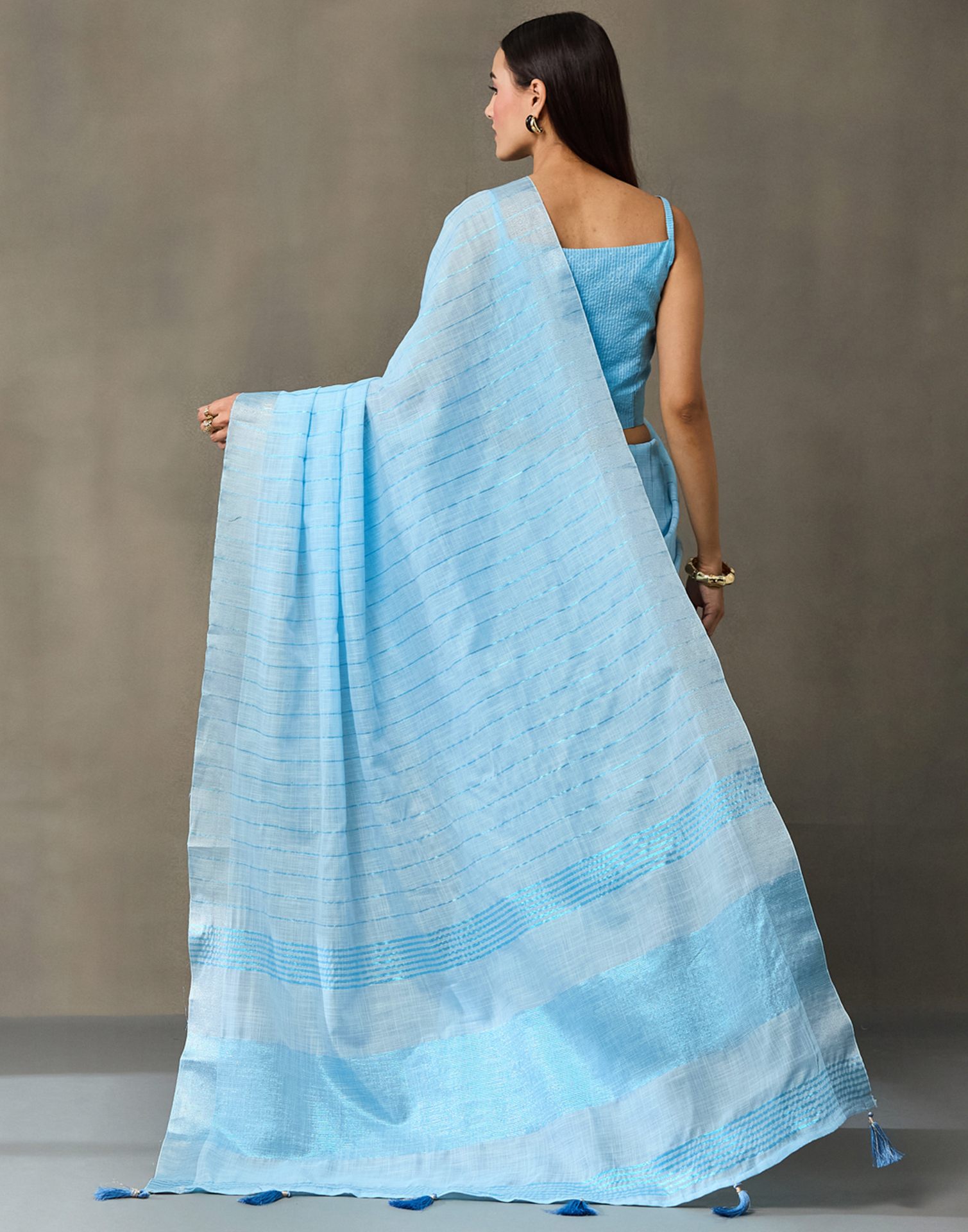Light Blue Linen Woven Zari Stripe Saree