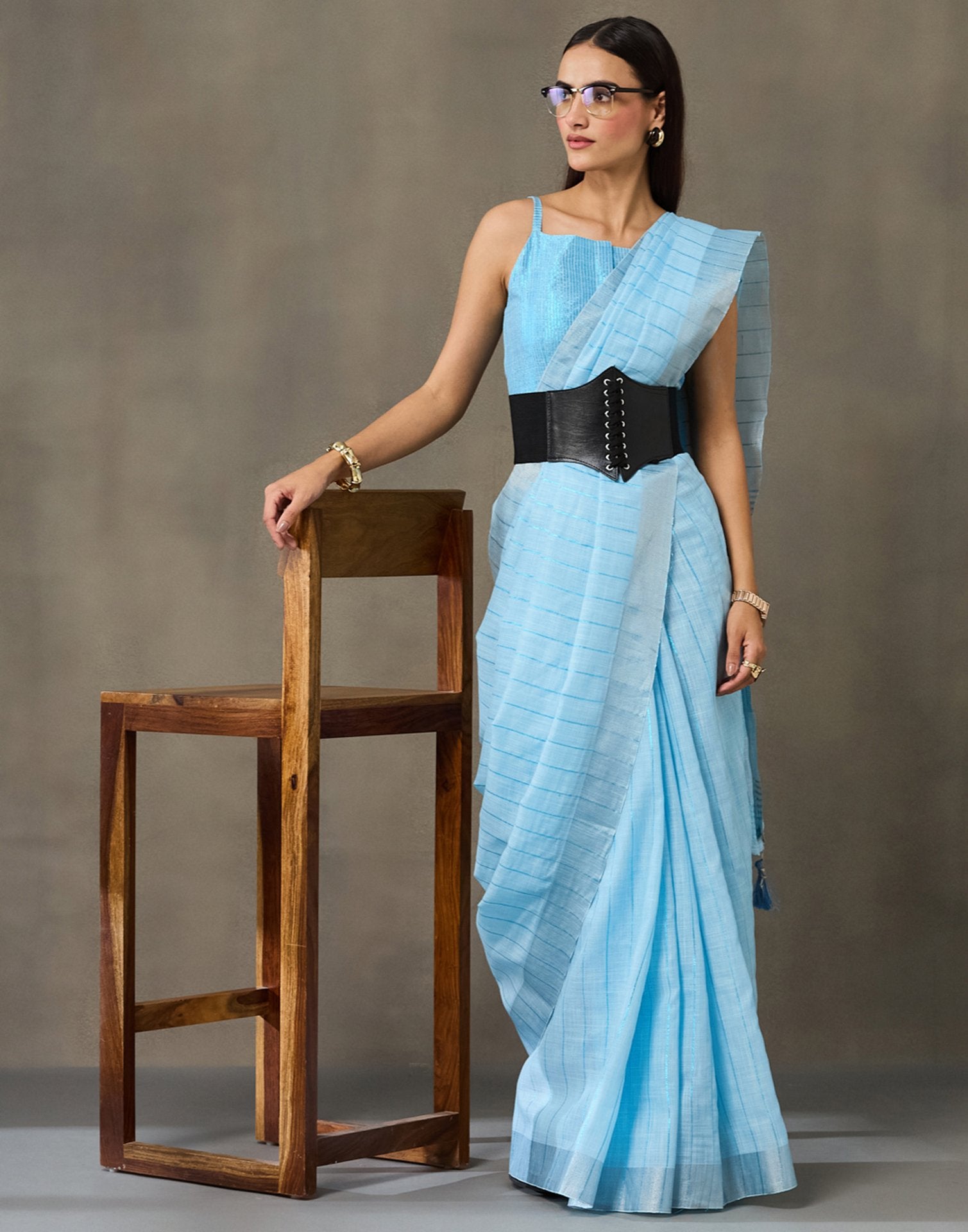 Light Blue Linen Woven Zari Stripe Saree