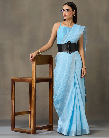 Light Blue Linen Woven Zari Stripe Saree