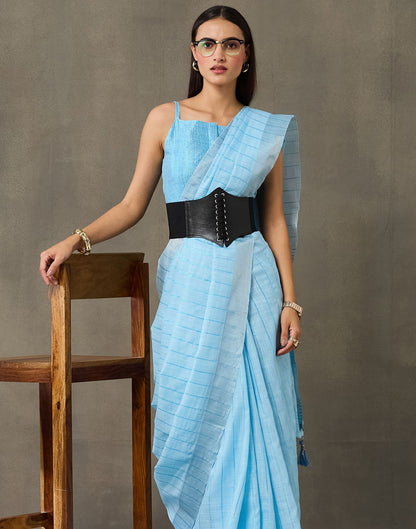 Light Blue Linen Woven Zari Stripe Saree