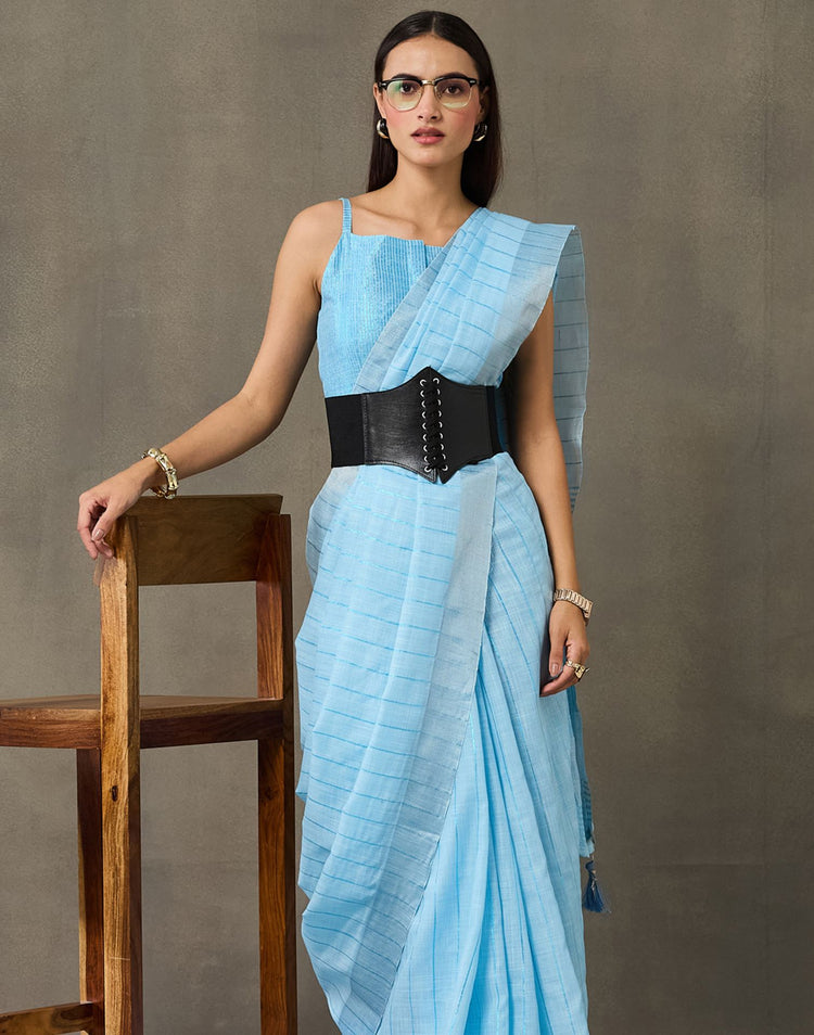 Light Blue Linen Woven Zari Stripe Saree