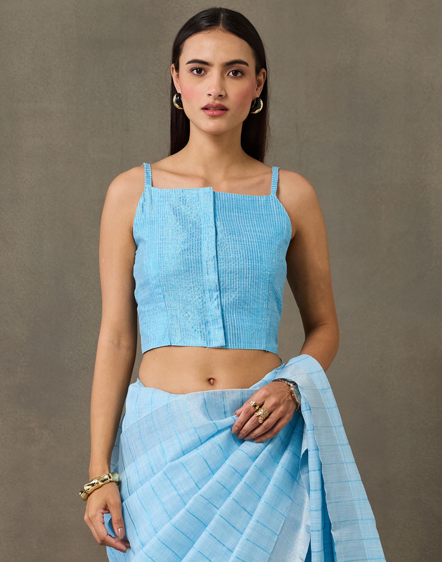 Light Blue Linen Woven Zari Stripe Saree