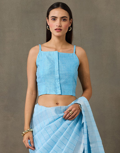 Light Blue Linen Woven Zari Stripe Saree