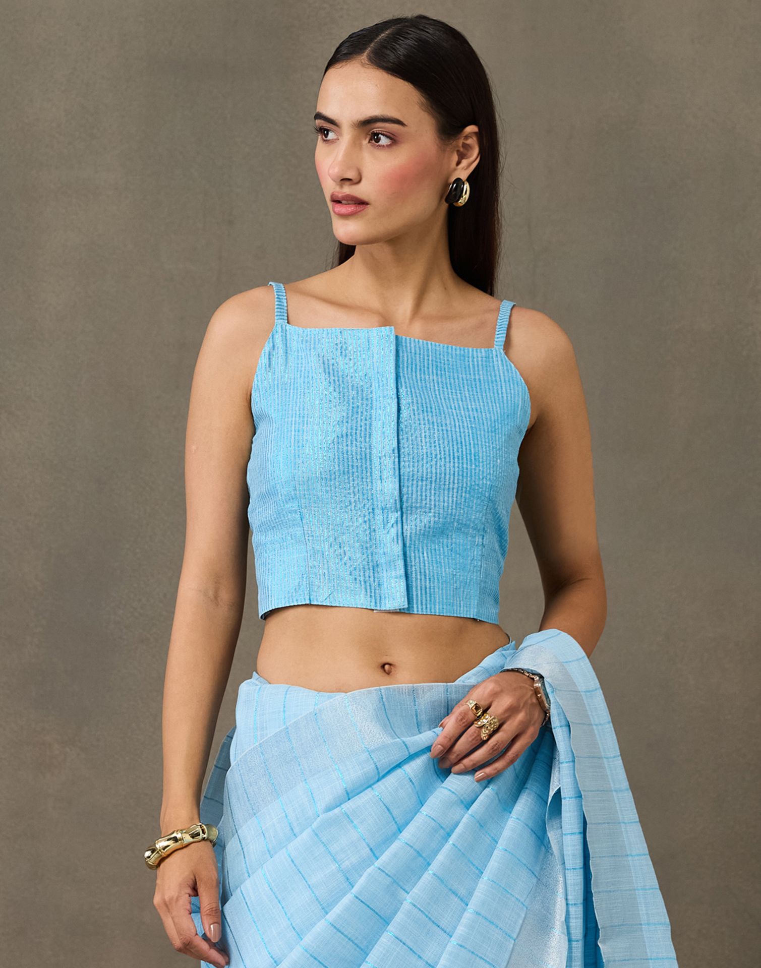 Light Blue Linen Woven Zari Stripe Saree