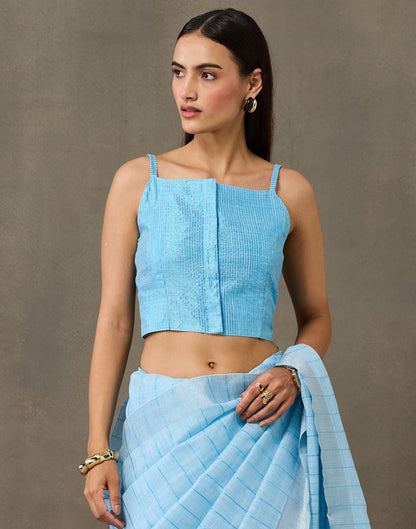 Light Blue Linen Woven Zari Stripe Saree