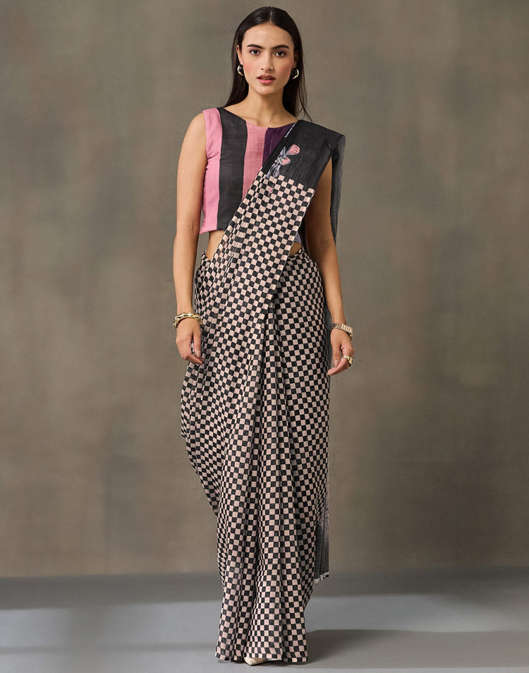 Black Linen Checkered Printed Saree