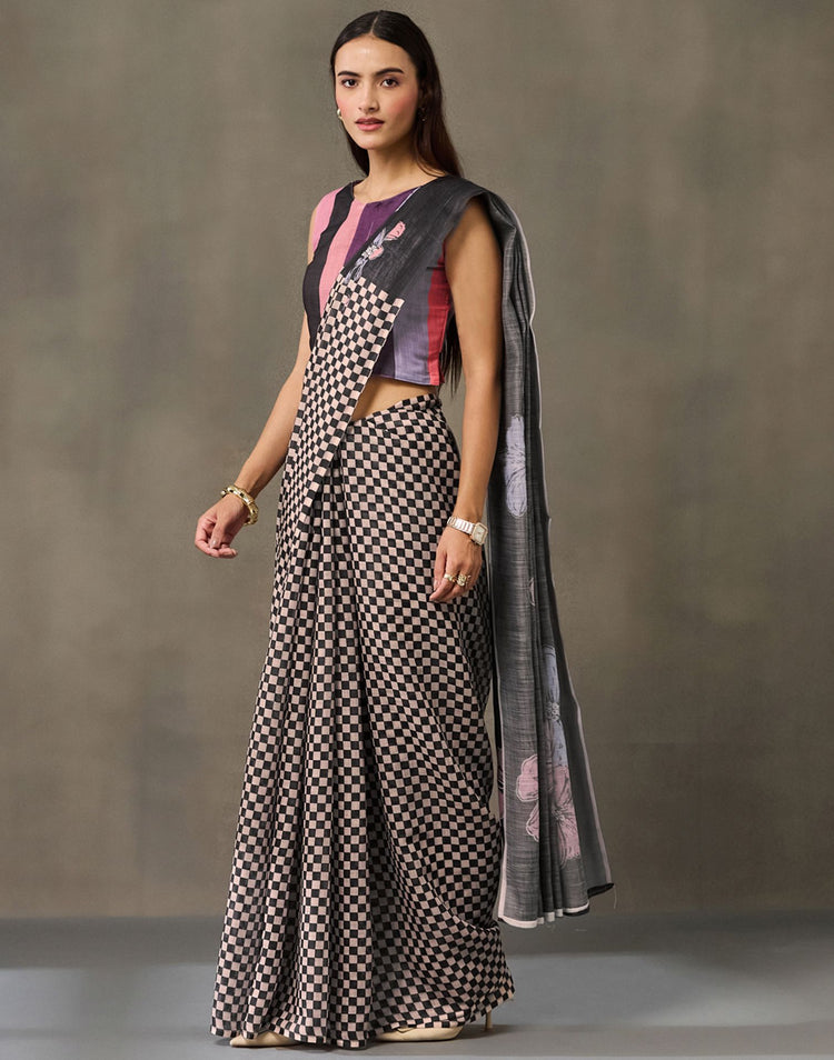 Black Linen Checkered Printed Saree