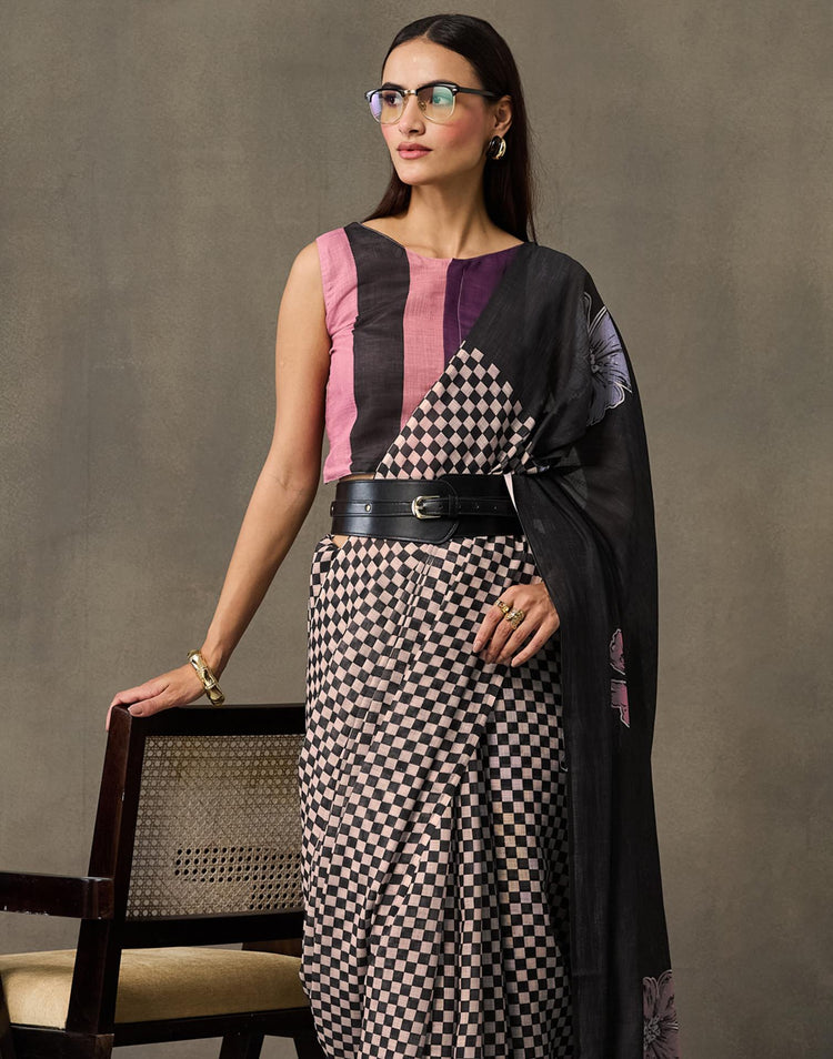Black Linen Checkered Printed Saree