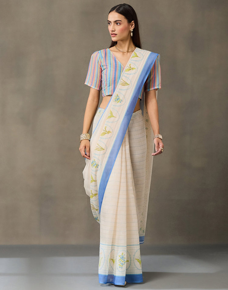 Cream Linen Printed Saree