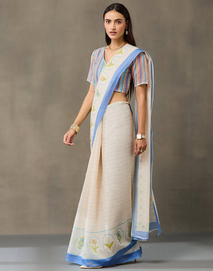 Cream Linen Printed Saree