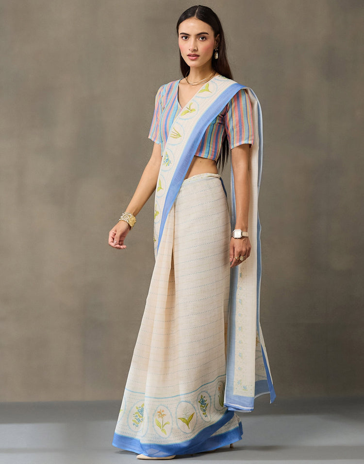 Cream Linen Printed Saree